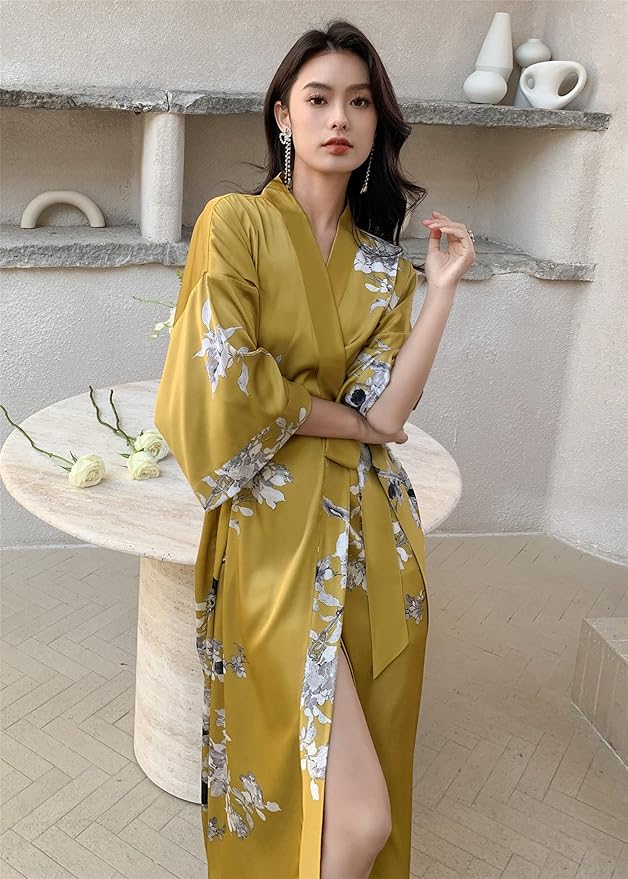 Kihnop Women's Floral Long Kimono Robe Long Satin Robe Long Silk Robe Ladies Kimonos Silky Bathrobe Cover Up, One Size
