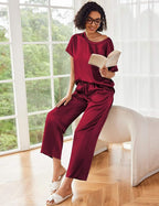 Ekouaer Womens Satin Silky Pajama Set Short Sleeve Shirt with Long Pajama Pant Set Soft PJ Loungewear