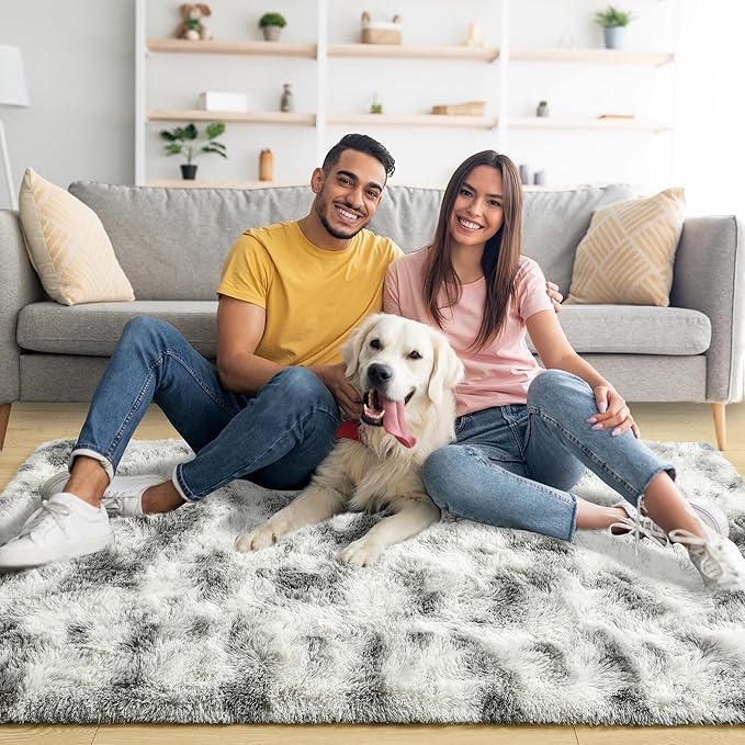 Noahas Fluffy 4x6 Area Rugs for Bedroom Living Room,Tie-Dyed Grey and White Thick Shag Throw Floor Carpet,Soft Shaggy Bedside Non-Slip Plush Dorm Nursery Kids Rug