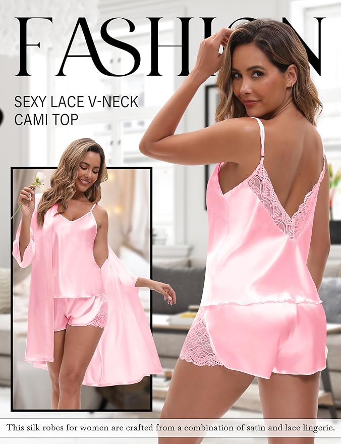 EPLAZA 3 Pcs Silk Pajamas for Women Satin Pajama Set Sexy Lace V-neck Cami Top Shorts Pjs Set with Robe Sleepwear