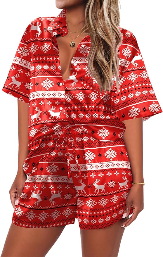 Ekouaer Pajamas for Women Silk Satin Pjs Soft Sleepwear Short Sleeve Button Down Pjs Top and Shorts 2 Piece Lounge Set S-XXL