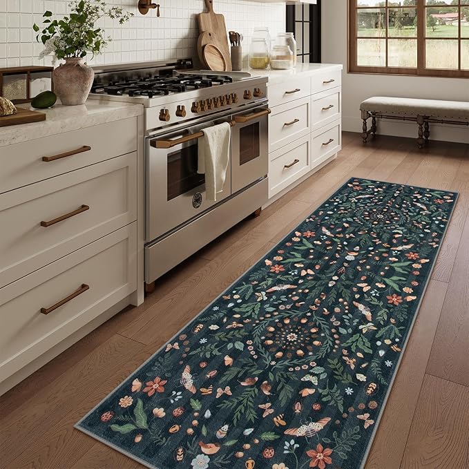 Lahome Insect Botanical 2x6 Washable Rug Runners for Hallways Non Slip, Black Bathroom Kitchen Runner Rugs Non Skid, Soft Non-Slip Entryway Indoor Carpet for Laundry Bedroom
