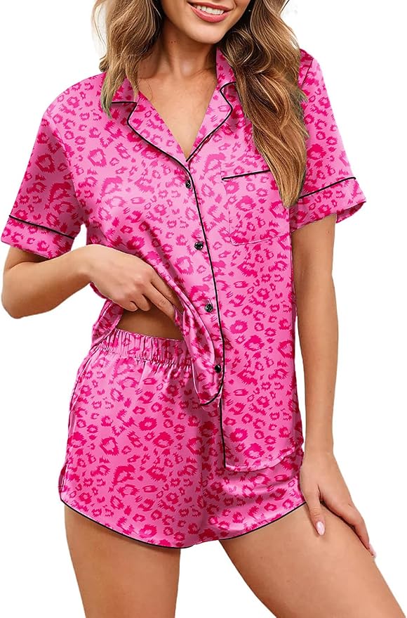 Ekouaer Womens Silk Satin Pajamas Set Short Sleeve Sleepwear Button Down Loungewear 2 Piece Pjs Shorts Set S-5X Plus Size