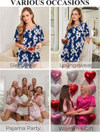Silk Pajamas for Women Short Sleeve Satin 2 Piece Pj Set Soft V Neck Sleepwear Loungewear, S-XXL