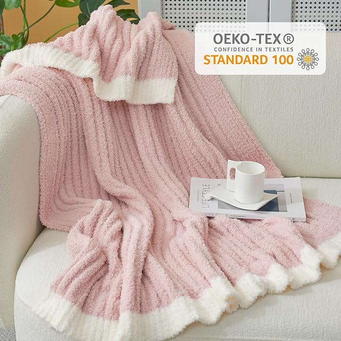 Snuggle Sac Pink Throw Blanket for Couch, Soft Cozy Ribbed Fluffy Blankets for Women, Warm Microfiber Knit Cute Throws for Girls Daughter Women Gifts for Mom, Pink, 50x70 inches