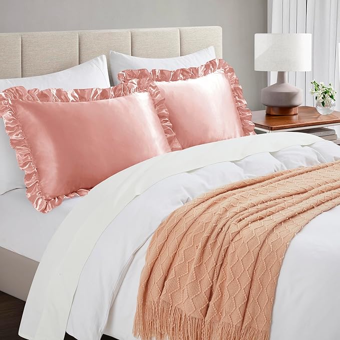 Silky Satin Ruffled Pillow Cases for Hair and Skin,Rose Gold Silk Pillowcases Queen Set of 2 with Envelope Closure Princess Room Decoration