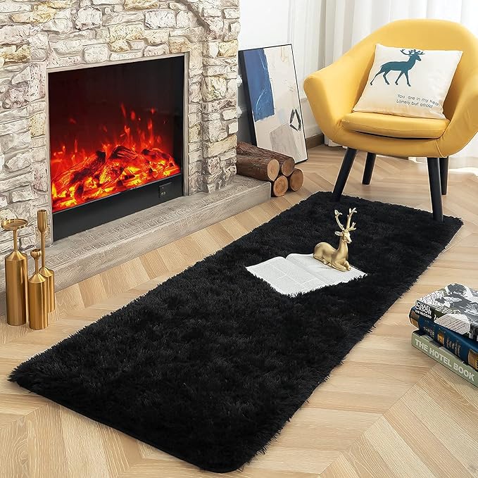 ISEAU Fluffy Runner Rug for Bedroom Plush Area Rugs, Shag Carpet with Rubber Backing Non Slip, Comfy Nursery Mat Bedside Mats for Kids Boys Room Home Decor, 2ft x 6ft, Black