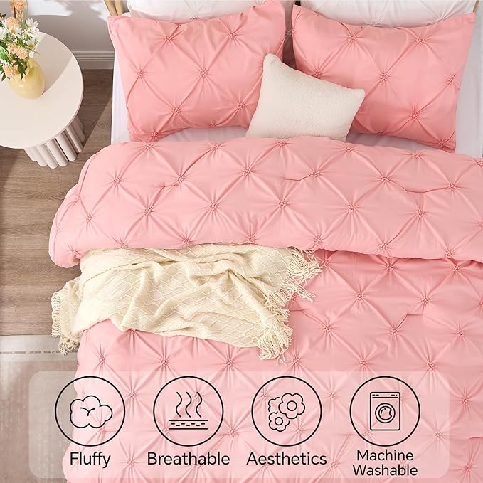 BEDELITE Pink Comforter Set Full - 3 Peices Boho Pintuck Bedding Comforter Sets, Lightweight Soft & Warm Twin Bedding Sets with 2 Pillowcase for All Season