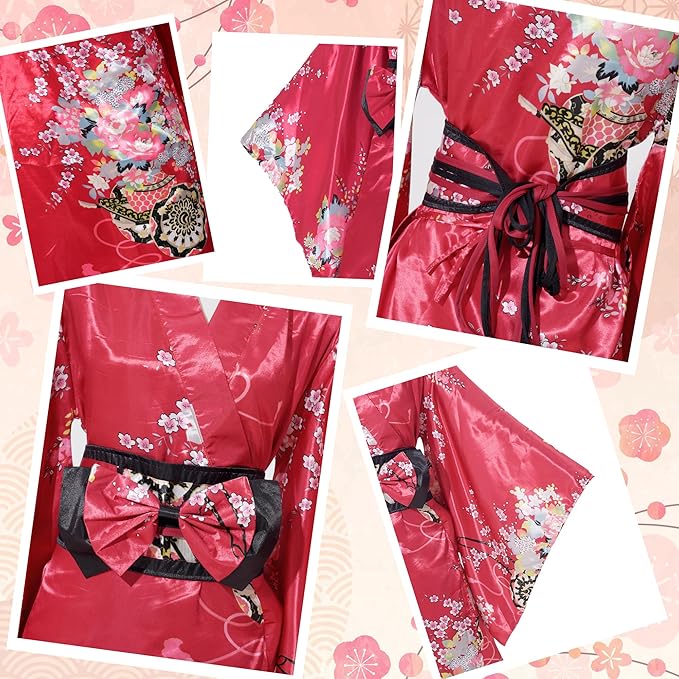 Kimonos for Women Japanese Style Satin Kimono Robe with Bow Belt Fan Hair Accessory and Tabi Socks