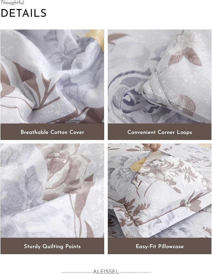 ALEISSEL Luxurious Cotton 3pcs Floral Comforter Sets Queen Size - Light Gray Comfoter with Bluish Gray & Taupe Floral and Botanical Prints, Vintage Lightweight Bedding Sets(Queen 90"×90")
