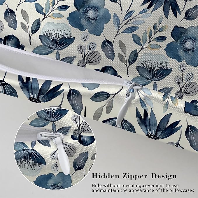 Imitation Silk Pillow Case for Hair and Skin Watercolor Blue Floral Leaves Queen Size 1 Pack Satin Pillow Cases with Zipper Super Soft Pillow Cover for Women Bed Sleeping, 20x30 Inches