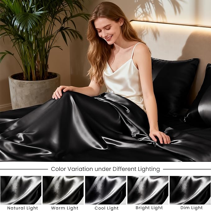 Love's cabin Satin Queen Sheets Set - 4 Piece Black Silky Bed Sheets Set with Deep Pocket, Luxury Silk Feel Satin Queen Size Sheet Set (1 Flat Sheet,1 Fitted Sheet,2 Pillow Cases)