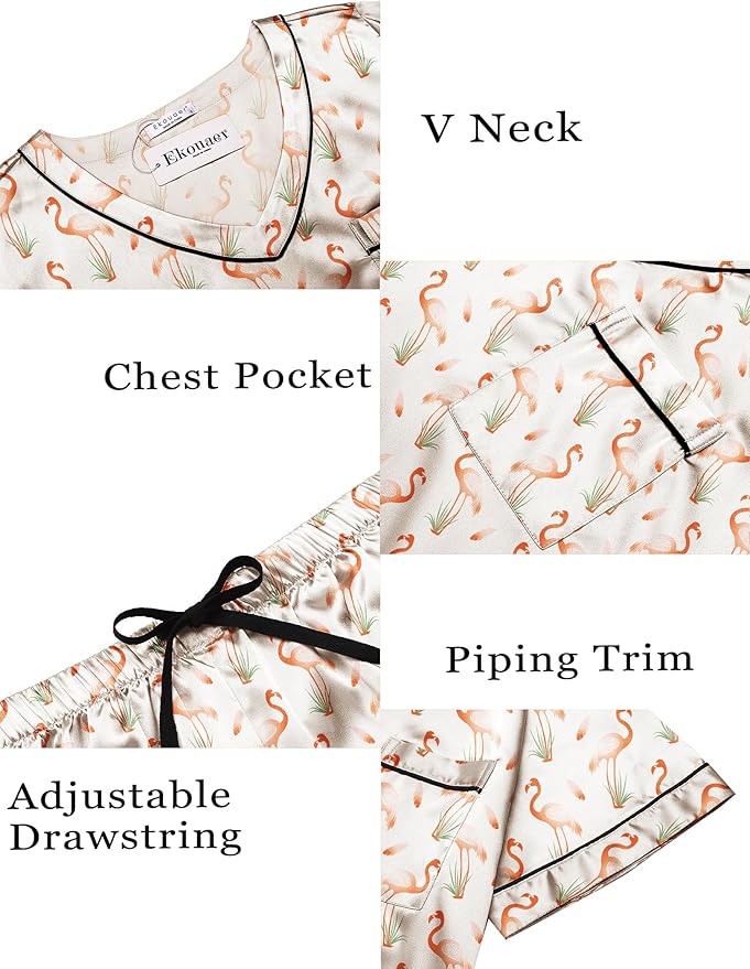 Ekouaer Silk Pajama for Women Short Sleeve Satin Pj Set Two Piece Soft Sleepwear Loungewear, S-XXL