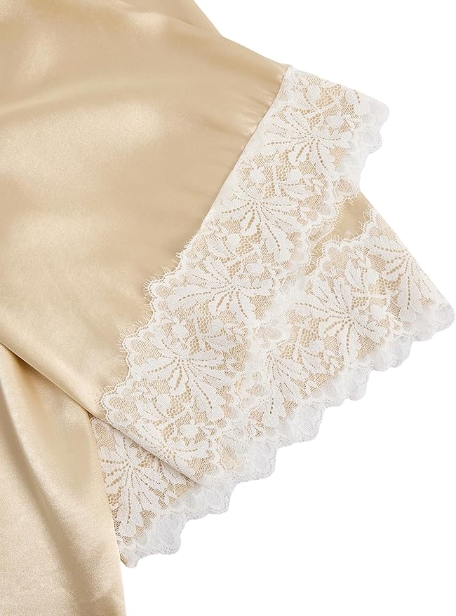 WDIRARA Women' Silk Satin Pajamas Set 4pcs Lingerie Floral Lace Cami Sleepwear with Robe