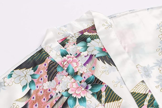 Women's Short Kimono Robes Bride and Bridesmaid Satin Floral Bathrobe Peacock Sleepwear Dressing Gown for Wedding Party