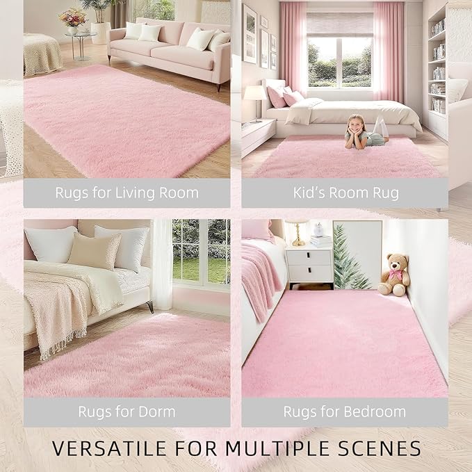 Shag Pink Rug, Rugs for Bedroom Girls Kids Room, 4x6 Ultra Soft Fluffy Area Rugs for Drom, Kids Room, Nursery, Study, Playroom, Easy Clean, Indoor Carpet for Living Room, Modern Carpet Décor