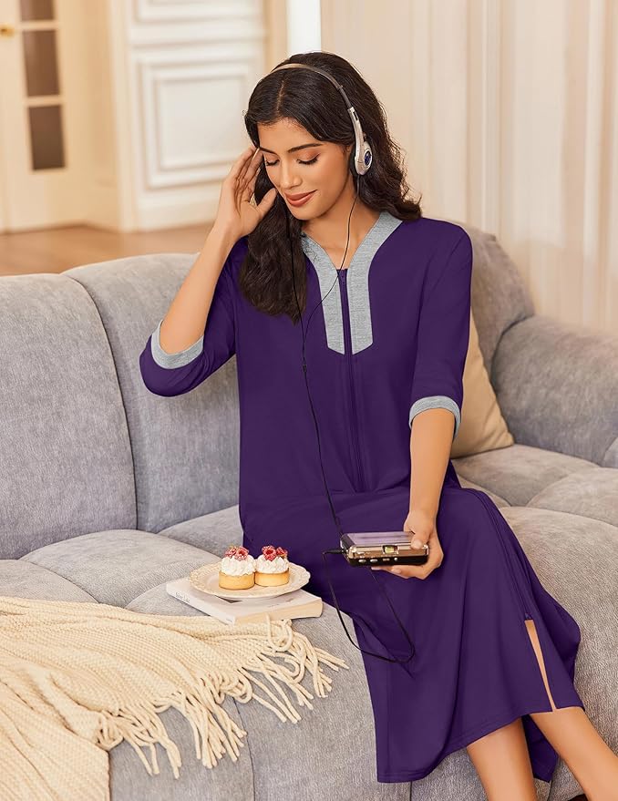 Ekouaer Women's Zipper Robe 3/4 Sleeves Housecoat Full Length Nightgown Soft Loungewear Robe with Pockets S-3XL