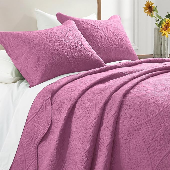IR Imperial Rooms King Quilt Bedding Set Size (106" x 96") + 2 Pillow Shams (20" x 36"+ 2") - 3 Pcs All Season Lightweight Reversible Microfiber Coverlet Floral Embossed Quilt Bedspread (Purple)