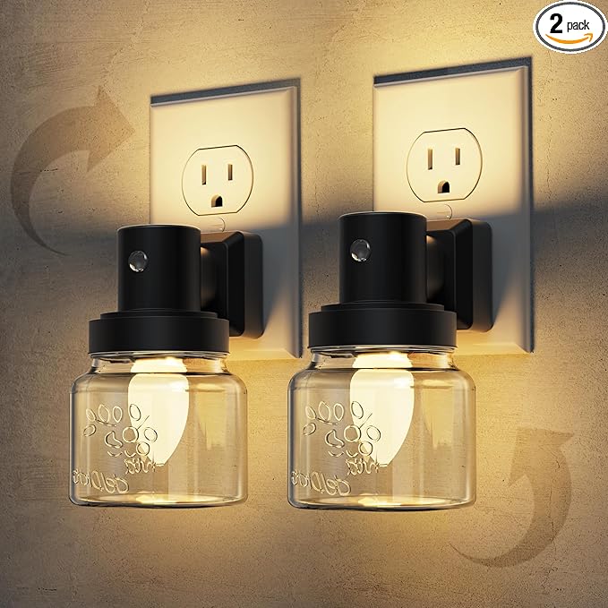 L LOHAS LED Night Lights Plug Into Wall, 2 Pack Mason Jar Nightlight, Dusk to Dawn Sensor, Soft White 3000K, 350°Rotating Mason Jar Nightlight with Farmhouse for Home Vintage Decor