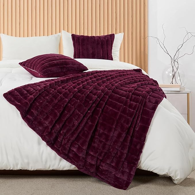 Striped Throw Blanket and Pillow Covers Set (No Inserts) for Couch and Bed, Plush Warm Lightweight Fuzzy Faux Fur Blanket for All Seasons (50" x 60", Burgundy)
