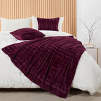 Striped Throw Blanket and Pillow Covers Set (No Inserts) for Couch and Bed, Plush Warm Lightweight Fuzzy Faux Fur Blanket for All Seasons (50" x 60", Burgundy)