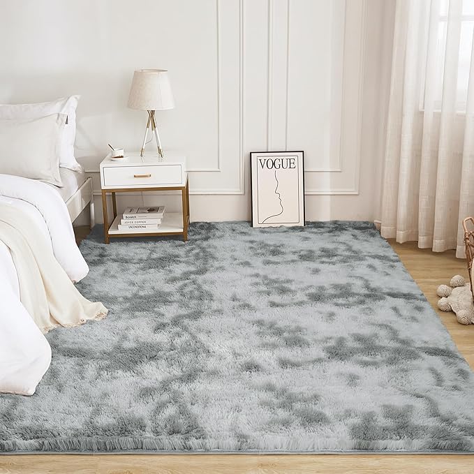 Litanika 5x8 Shag Area Rug for Living Room Bedroom, Tie-Dyed Light Grey High Pile Soft Plush Shaggy Furry Bedside Playroom Dorm Carpet, Non-Slip, Non-Shedding Modern Indoor Floor Rug