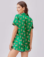 Ekouaer Womens Silk Satin Pajama Set Print Short Sleeve Sleepwear Button Down Pjs Shorts Set Loungewear