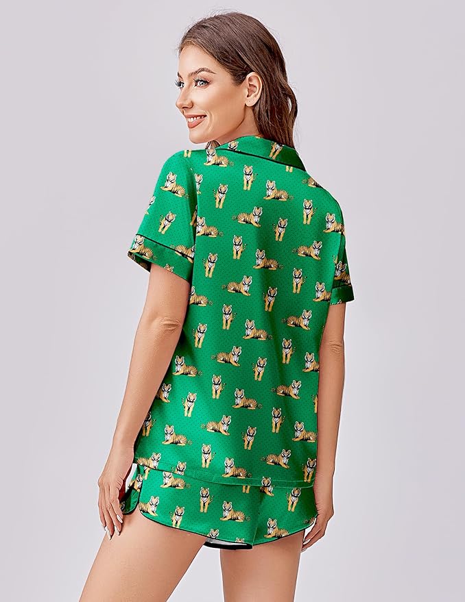 Ekouaer Womens Silk Satin Pajama Set Print Short Sleeve Sleepwear Button Down Pjs Shorts Set Loungewear