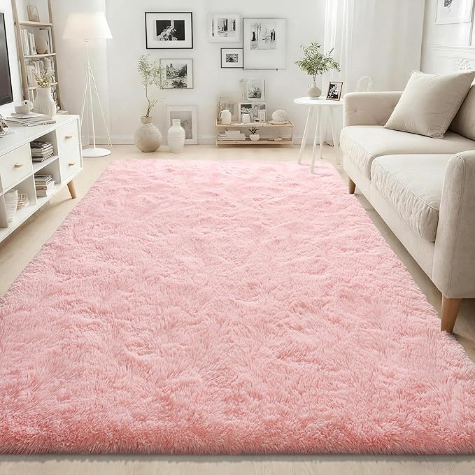 ISEAU Fluffy Rug Dorm College Apartment Carpets Soft Shaggy Area Rugs Indoor Floor Mats for Kids Room Fuzzy Carpet Bedside for Boys Girls Bedroom Living Room Home Decor Mat, 5ft x 8ft, Pink