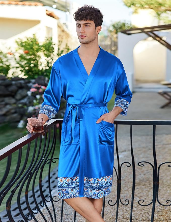 Ekouaer Mens Satin Robe Lightweight Silky Kimono Bathrobe 3/4 Sleeve Spa Knee Length Loungewear with Pockets S-3XL