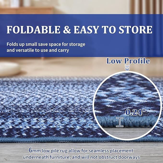 RUGSREAL Boho Rug 4x6 Bedroom Machine Washable Rug Braided Print Floor Cover Indoor Non Slip Throw Carpet Dining Room Small Carpet Farmhouse Rustic Accent Rug for Living Room Home Decor, Navy