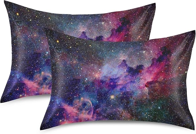 Nebula Galaxy Sky Satin Pillowcase for Hair and Skin, Purple Galaxy Space Silk Pillow Case with Envelope Closure, Standard Size 20x26 inches, 1 PC