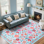 CRYPTOLITE Living Room Rug 6x9 Rug, Machine Washable Area Rug Non Slip Low Pile Floral Rug for Living Room, Bedroom, Farmhouse, Dining Room, Kids Playroom, Blue