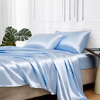 MR&HM Satin Bed Sheets, Twin XL Size Sheets Set, 3 Pcs Silky Bedding Set with 15 Inches Deep Pocket for Mattress (Twin XL, Light Blue)