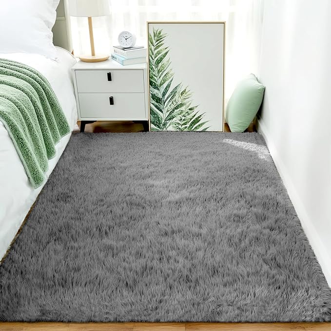 Shag Grey Rug 4x6 Area Rugs for Bedroom Dorm Living Room, Non-Slip Ultra Soft Fluffy Area Rugs for Kids Room, Girls Room, Study, Office, Playroom, Easy to Clean, Modern Carpet Décor