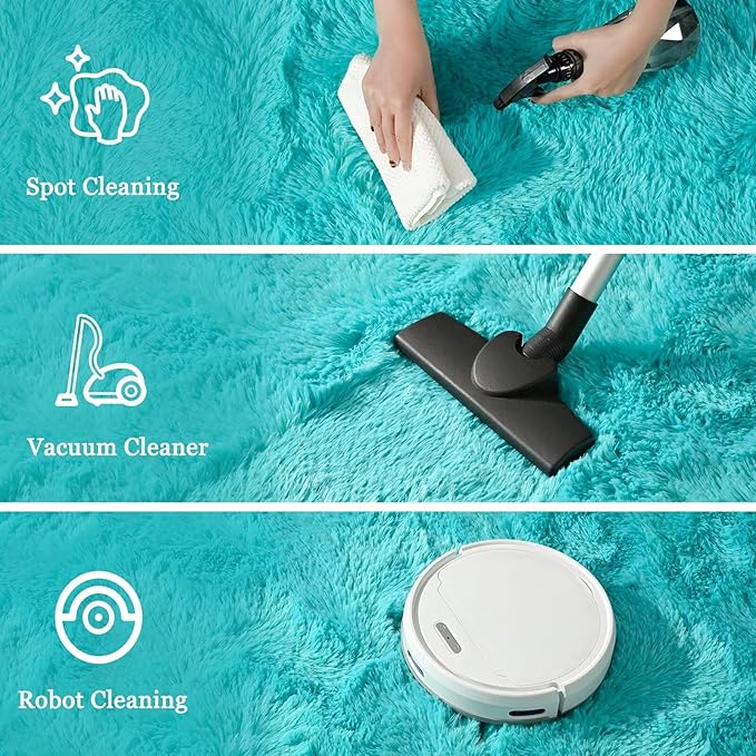 junovo 3x5 Blue Washable Area Rug for Girls Bedroom, Soft Non-Slip Fluffy Bedside Rugs, Shag Plush Memory Foam Carpet for Kids Room Baby Nursery Home Decor Aesthetic