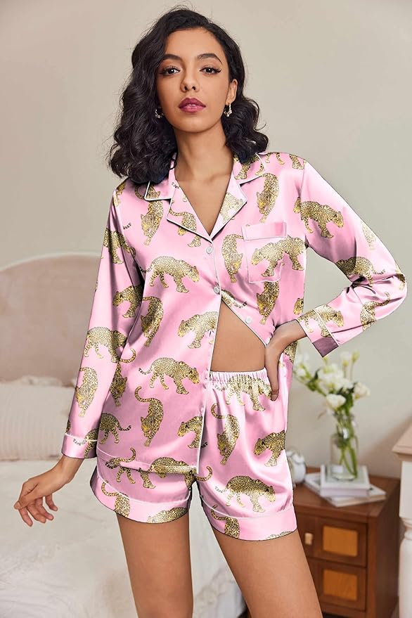Ekouaer Satin Pajama Set for Women Button Down Pj Set Long Sleeve Top and Shorts 2 Piece Loungewear Summer Soft Sleepwear