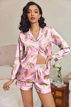 Ekouaer Satin Pajama Set for Women Button Down Pj Set Long Sleeve Top and Shorts 2 Piece Loungewear Summer Soft Sleepwear