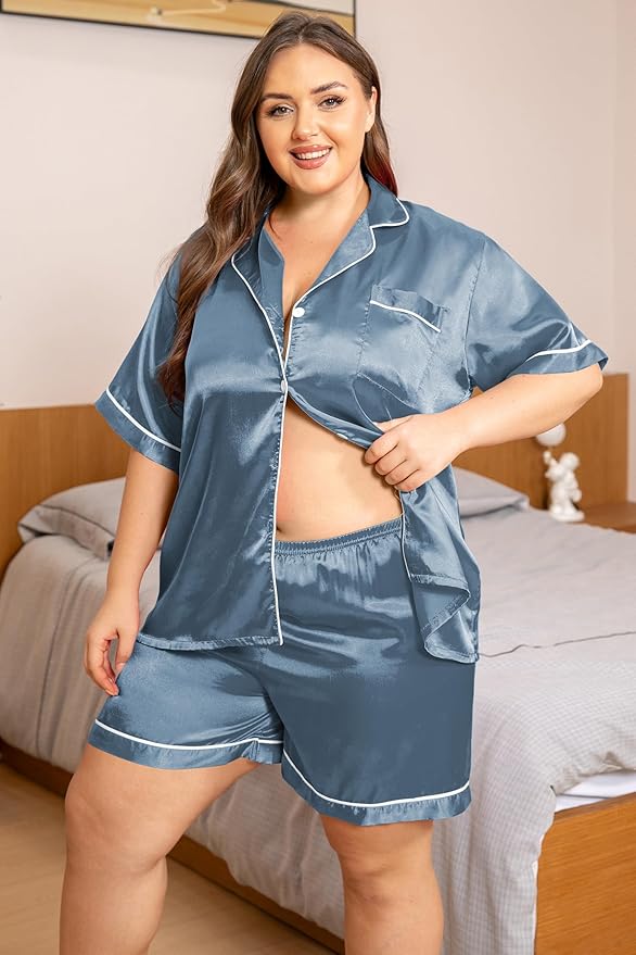 Vozanet Women's Short Sleeve Satin Pajama Sets Silky Ladies Button Down Loungewear Plus Size Nighty Shorts Sets XL to 5XL