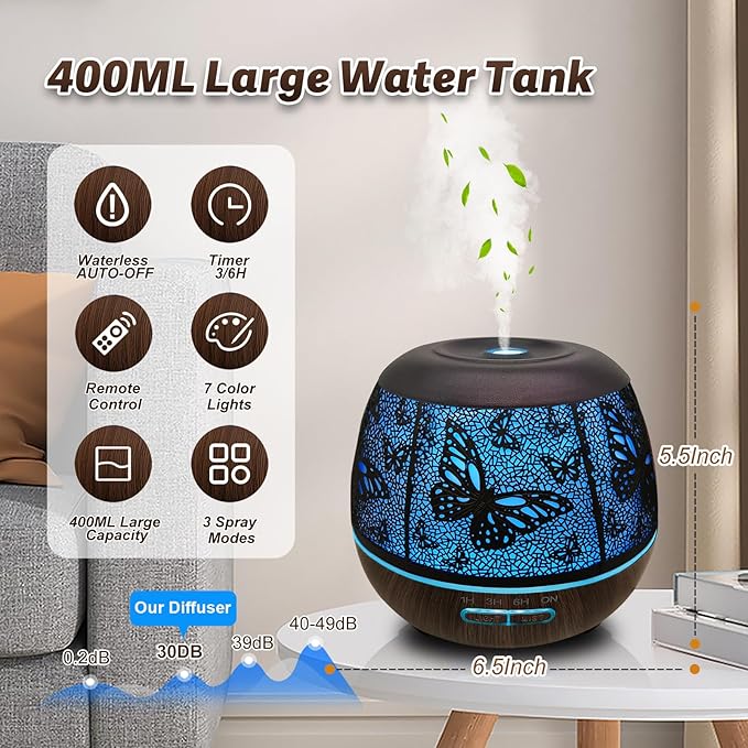 Roonbo Diffusers for Essential Oils Large Room 400ml,Essential Oil Diffuser for Home with R/C,Cool Mist Humidifiers for Bedroom,7 Colors Changed & 3 Mist Mode Waterless Auto Off for Decor Butterfly