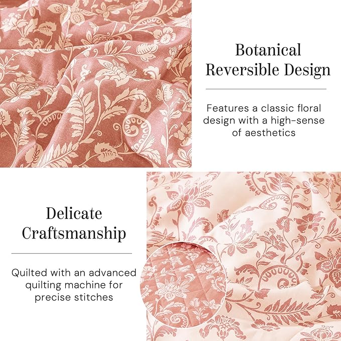 BLOOMHAVEN Quilt Set Queen Size, Clay Pink Floral Quilt Sets, Reversible Bedspread Lightweight and Breathable for All Seasons, Soft Quilted Bedspread with 2 Pillow Shams