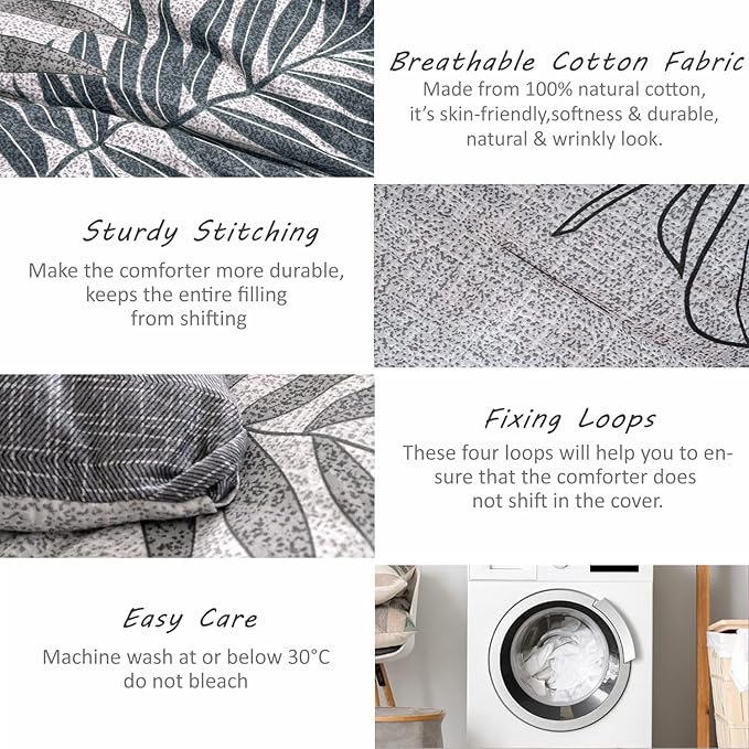 ALEISSEL Natural Cotton 3pcs Botanical Comforter Sets King Size-Dark Gray Comforter with Luxurious Blue & Gray Leaves on White, Reversible Lightweight Floral Bedding Sets(King 104"×90")
