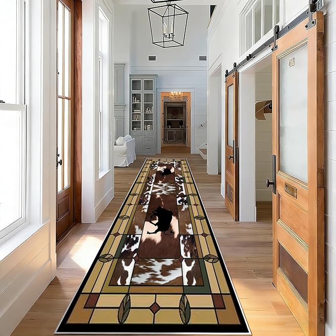 Cowprint Western Runner Rug,2.6x7ft,Bohemian Moroccan Geometric Runner Rug,Rustic Cabin Decor Southwest Rugs,Soft Non-Slip Long Hallway Rugs, for Bedroom Kitchen Laundry Entryway Floor Mat