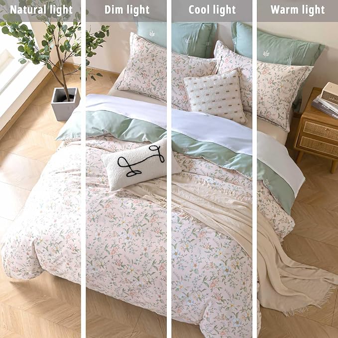 ALEISSEL Faded Blush Floral Cotton Comforter King Size - 3PC Lightweight Bedding Sets with Soft Alternative Fill, Vintage-Inspired Delicate Botanical Patterns, Muted Sage Reversible Design