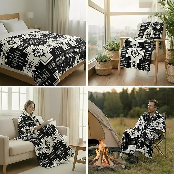 Fleece Blanket King - 104x90 Inch Lightweight & Buttery-Soft Throw for Bed, Sofa, Camping | 300GSM Cloud-Touch Microfiber | Cozy Essentials for Travel & Movie Nights, (Boho Black White)