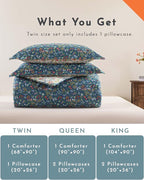 ALEISSEL Cotton Floral Comforter King Size - 3PC Lightweight Bedding Sets with Ultra-Soft Alternative Fill, Luxurious Reversible Design with Vibrant Floral Pattern, Deep Slate Blue & White Options