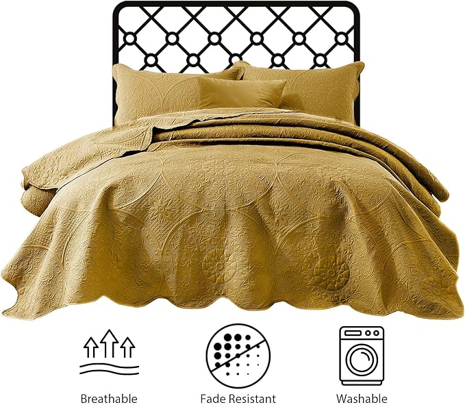 IR Imperial Rooms 10 Pack Queen Quilt Bedding Set (90" x 96") - Bulk Wholesale for Hotels, Guest Bedroom & Airbnbs - Lightweight Microfiber Reversible Floral Embossed Quilts Bedspreads (Ochre)