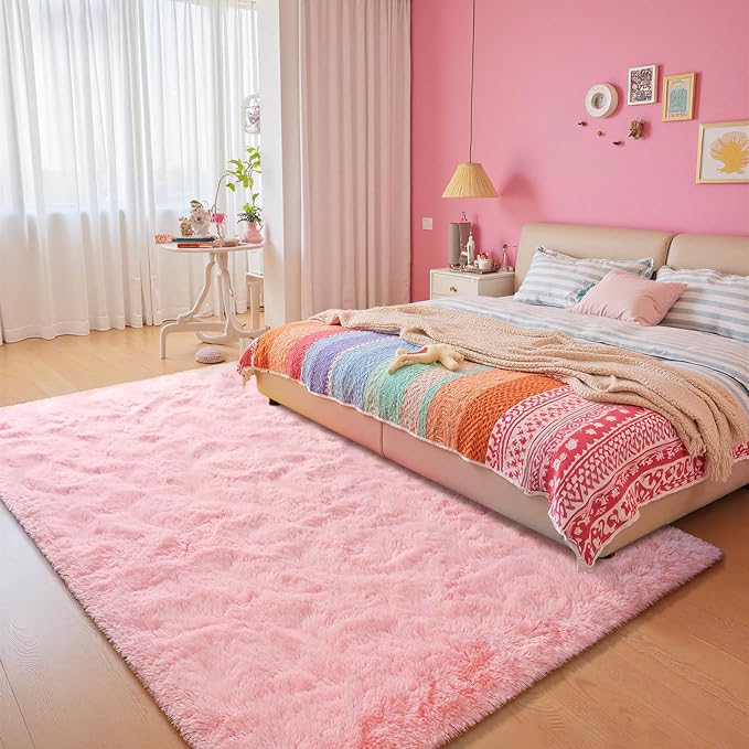 junovo Pink Washable Area Rug for Girls Bedroom Living Room, 5x8 Soft Non-Slip Fluffy Rugs, Shag Plush Memory Foam Carpet for Kids Room Baby Nursery Home Decor