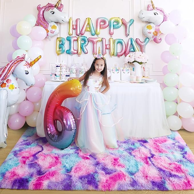 Noahas 4x6 Fluffy Kids Rugs for Room,Soft Hot Pink and Purple Tie-Dyed Rainbow Rug for Girls Bedroom,Soft Colorful Playroom Shag Nursery Carpets Room Decor