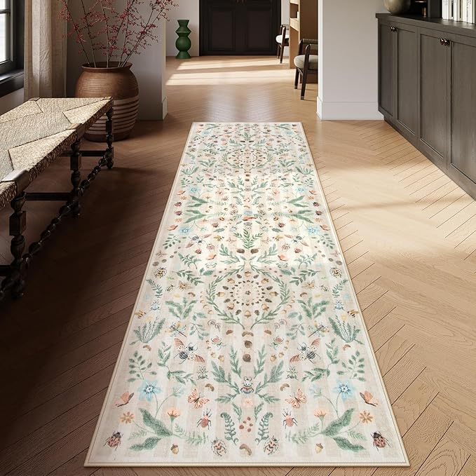 Lahome Chloe Insect Botanical 2'6"x8 Hallway Runner Rug,Kitchen Runner Rugs Non Skid Washable Bathroom Carpet Runners, Soft Non-Slip Indoor Rug Runners for Entryway Laundry Bedroom(Beige,2'6"x8)